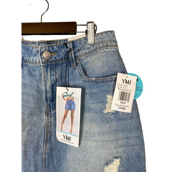 YMI Dream Collection Rigid+Stretch Denim Ripped Mini Skirt Blue Womens SZ M NWT - Picture 2 of 9
